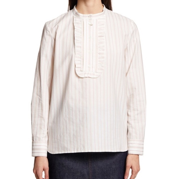 APC Madeline Blouse Cotton Striped Ruffle Button Size 38 - Picture 1 of 14